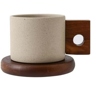 Wyj Hogar - Taza De Cerámica Vintage Con Asa De Madera Natural 300Ml