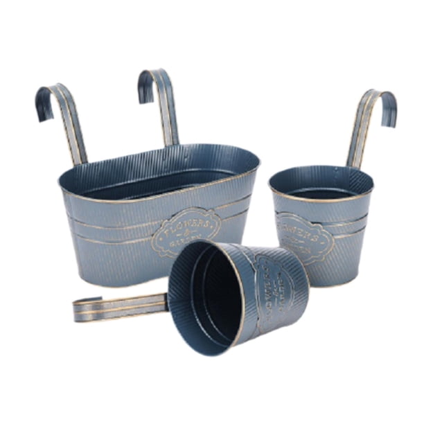 3 macetas colgantes para pared, cubos para flores, jardineras para barandilla de cerca, construcción de metal con ganchos desmontables y orificios de drenaje, adecuadas para Azul marino