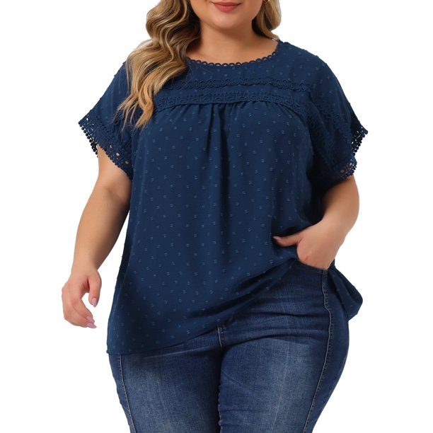 Agnes Orinda Blusas de Tallas Grandes para Mujer Chiffon Swiss Dots Mangas Cortas Encaje Crochet Blusa Plisada L Azul Oscuro