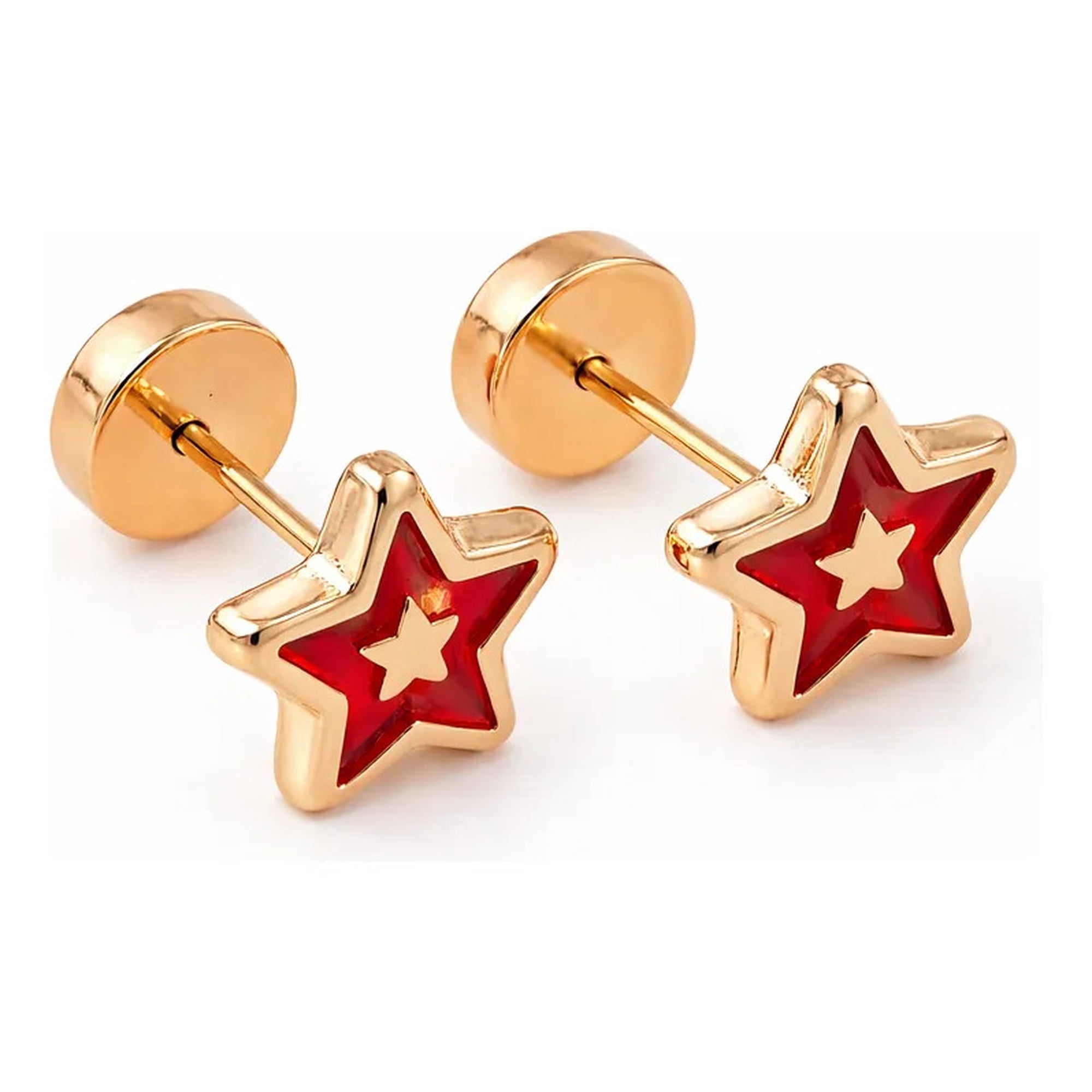 Jireh Joyas - Aros Abridores Estrella Colores 5mm Oro 14k Bebé Niña Rojo