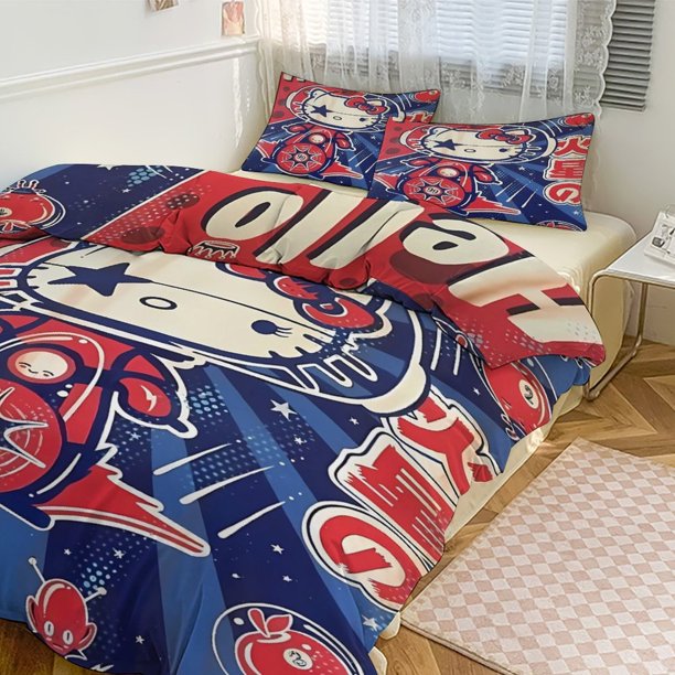 The Anime Hello Kitty Quilt Duvet Cover Set Comforter Cover 3 Pieces Bedding Printed Quilt Cover Set with Pillow Cases Easy Care And Soft Hand Feel Bed Sheets