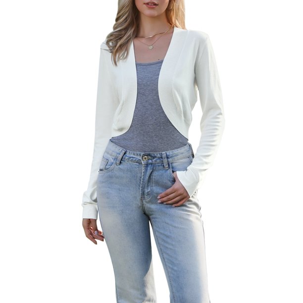 INSPIRE CHIC Suéteres de Cárdigan Recortados de Manga Larga para Mujeres Bolero Abierto para Vestidos S Blanco