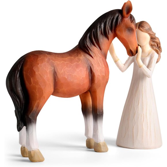 Figura De Resina Niña Abraza Caballo 18 Cm Marrón