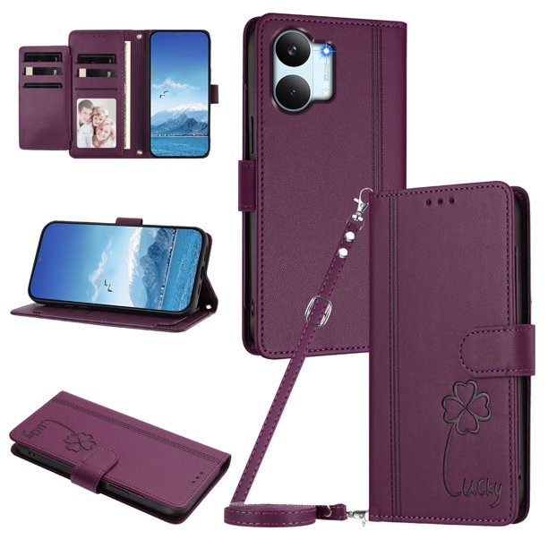 Funda Cartera Trébol para Xiaomi Poco X8 Pro Max con Ranuras Tarjetas y Carga Inalámbrica Violeta