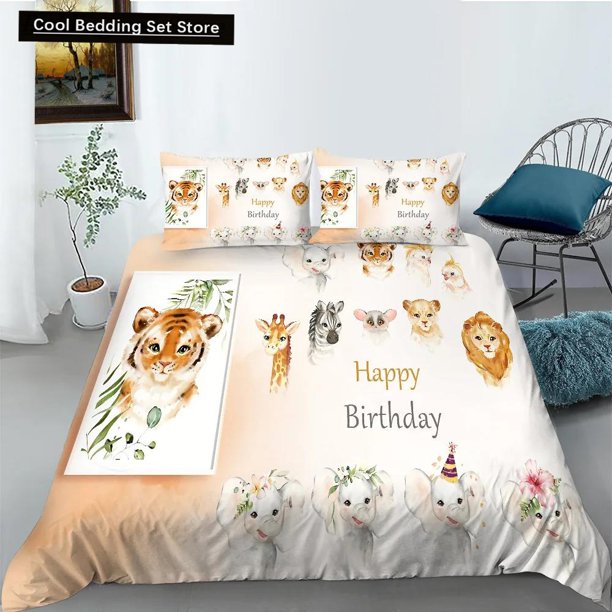 x1095 Bed SheetsCartoon Animal Happy Birthday Duvet Cover Cute Lion Bedding Set Kids Boys Girls Elephant /Polyester Quilt Cover 3-Piece Bedding Set (1 Duvet Cover + 2 Pillow Shams) nj1095