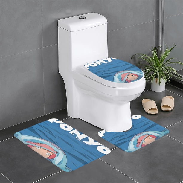 Ponyo en el Acantilado Juego de 3 alfombras de baño de coral fleece: tapete de baño + alfombra de inodoro en forma de U + funda de tapa de inodoro en forma de O