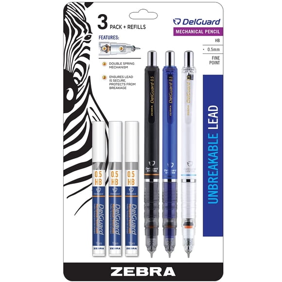 Lápiz Mecánico Zebra Pen DelGuard Paquete de 3 Unidades 0.5 mm Negro Azul Blanco