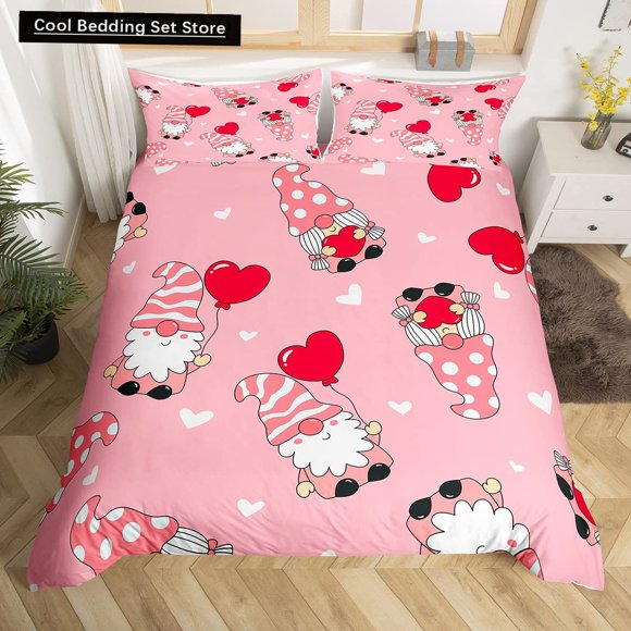 Valentine Day Duvet Cover Romantic Gnome Polyester Comforter Cover Red Heart Balloon Bedding Set for Lovers Couples Bed Sheets
