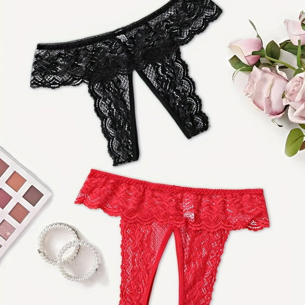 Sexy Floral Lace Mesh Panties, See Through Hollow Out Open Crotch Panties, Women's Lingerie & Underwear