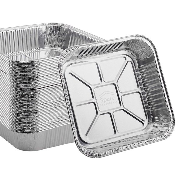 (Paquete de 55) Bandejas de aluminio 20x20 cm, cuadradas de 8 pulgadas, desechables para hornear, asar, cocinar, hornear pasteles, calentar y preparar alimentos - Base: 16.5 x 16.5 cm