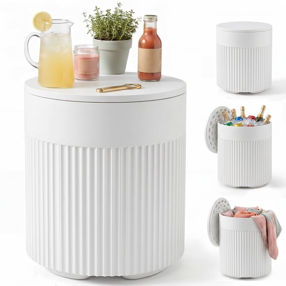 Mesa auxiliar exterior con hielera y almacenamiento PASAMIC 3 en 1, blanca