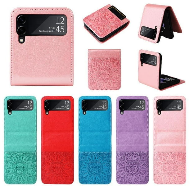 Funda tipo cartera FOXDOCK para Samsung Galaxy Z Flip 3 , diseño girasol en relieve, cuero PU, cierre magnético, soporte y tarjetero