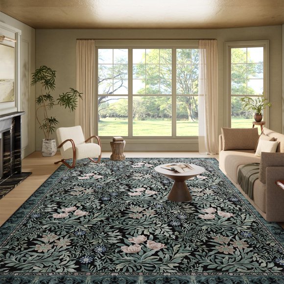 ALFOMBRA Baksham 274x366 cm Negro y Verde con Motivo Floral Lavable