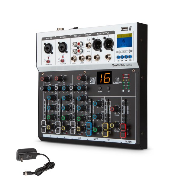 Mezclador de audio BEKBOES Professional de 4 canales con alimentación Phantom de 48 V