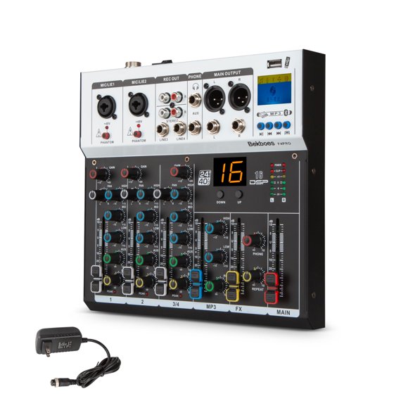 Mezclador de audio BEKBOES Professional de 4 canales con alimentación Phantom de 48 V