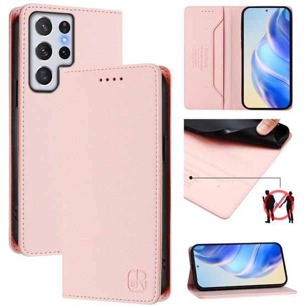 Funda Billetera con Soporte para Samsung Galaxy S22 Ultra Bloqueo RFID Plegable Rosa