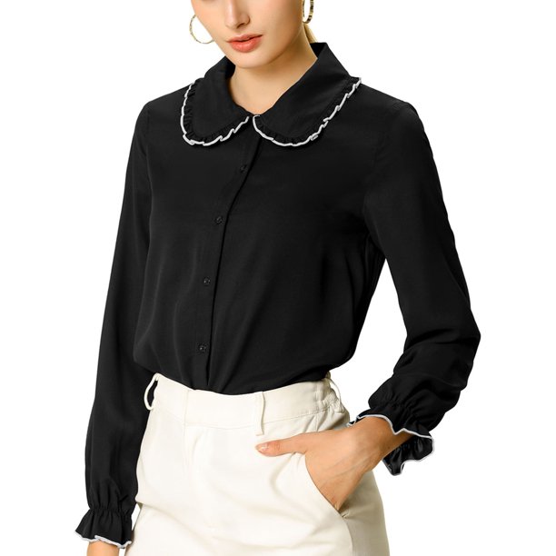INSPIRE CHIC Camisas de trabajo con botones y cuello Peter Pan con volantes dulces para mujeres de regreso a clases S Negro