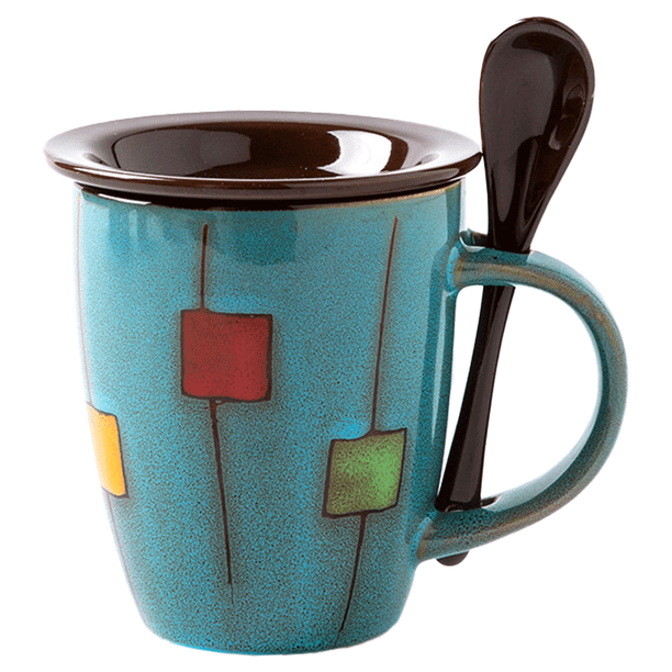 Juego de tazas de café de 350 ml con platillos y cucharas en el asa, aptas para microondas y lavavajillas.
