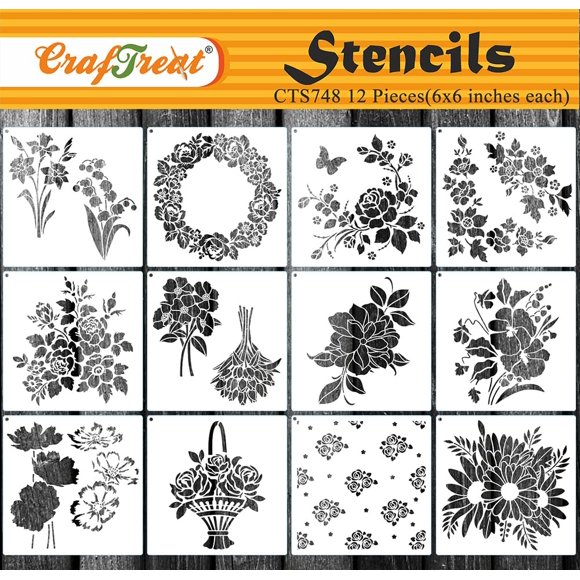 Plantilla de esténcil CrafTreat de flores para pintar sobre madera y tela