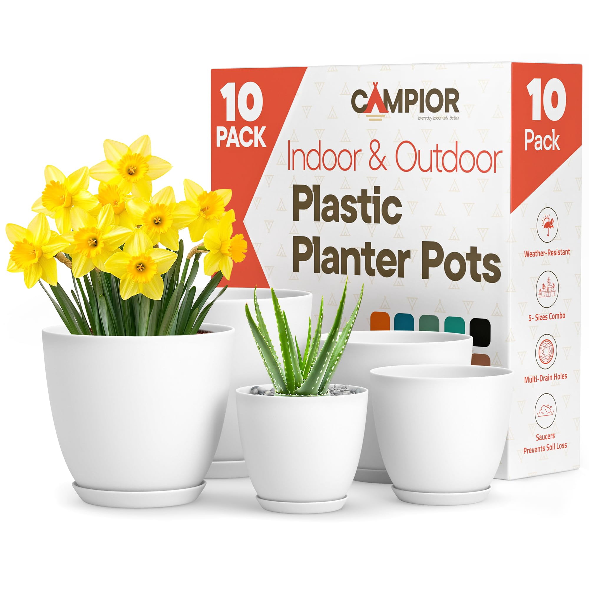 Macetas De Plástico Apilables Campior, 10 Unidades, Blancas