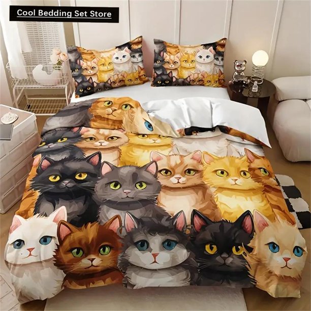 Cute Cartoon Kitten All Season Bedding Set, Soft Comfortable And Breathable Duvet Cover 1*Duvet Cover + 2*Pillowcase
