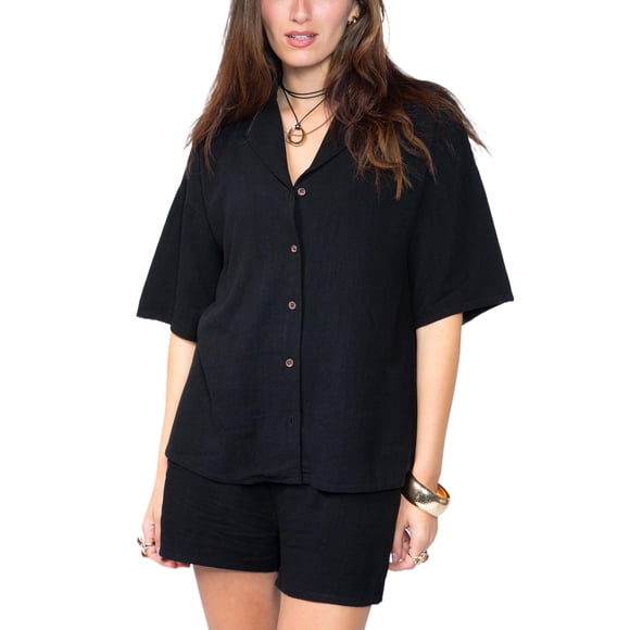 Jess by Meiko Conjunto de Blusa con Cuello y Pantalones Cortos de Lino para Mujer Conjunto de Verano Negro L