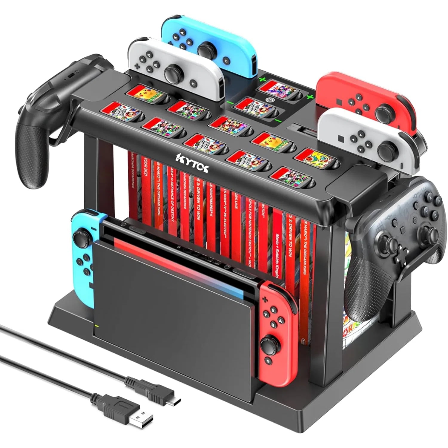 Genérico - Estación Organizadora De Juegos Switch Con Cargador De Mandos, Base De Carga Para Nintendo Switch/oled Joycons Kit De Almacenamiento De Accesorios-negro