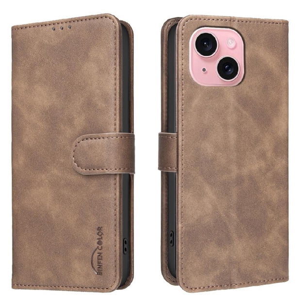 Funda Billetera para iPhone 15 Plus Protección RFID y Soporte Ajustable Marrón