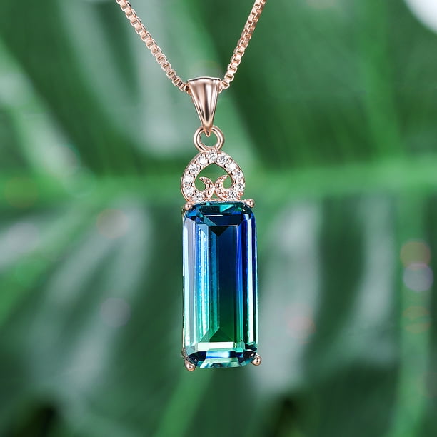 Stunning Rectangular Tourmaline Necklace with Blue-green Zircon Engagement Ring - Perfect for Brides and Women