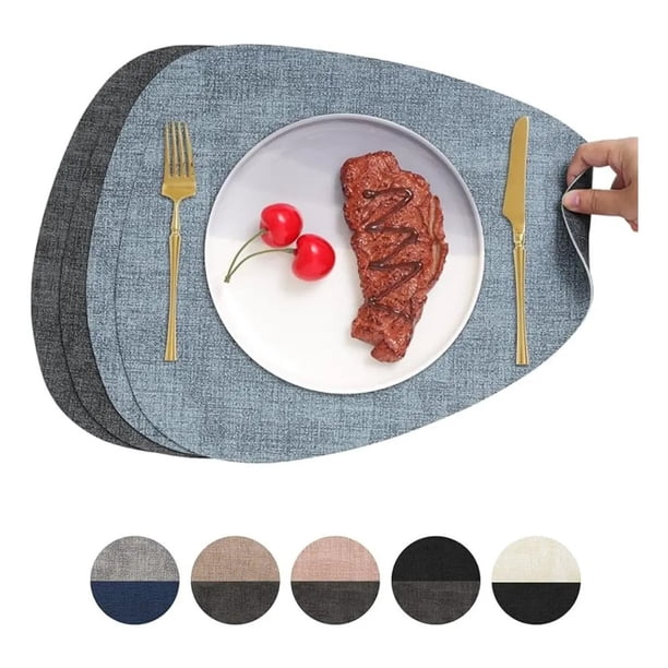 Set 4 Individuales Ecocuero Impermeables Antimanchas Reversibles Jaspeado Celeste