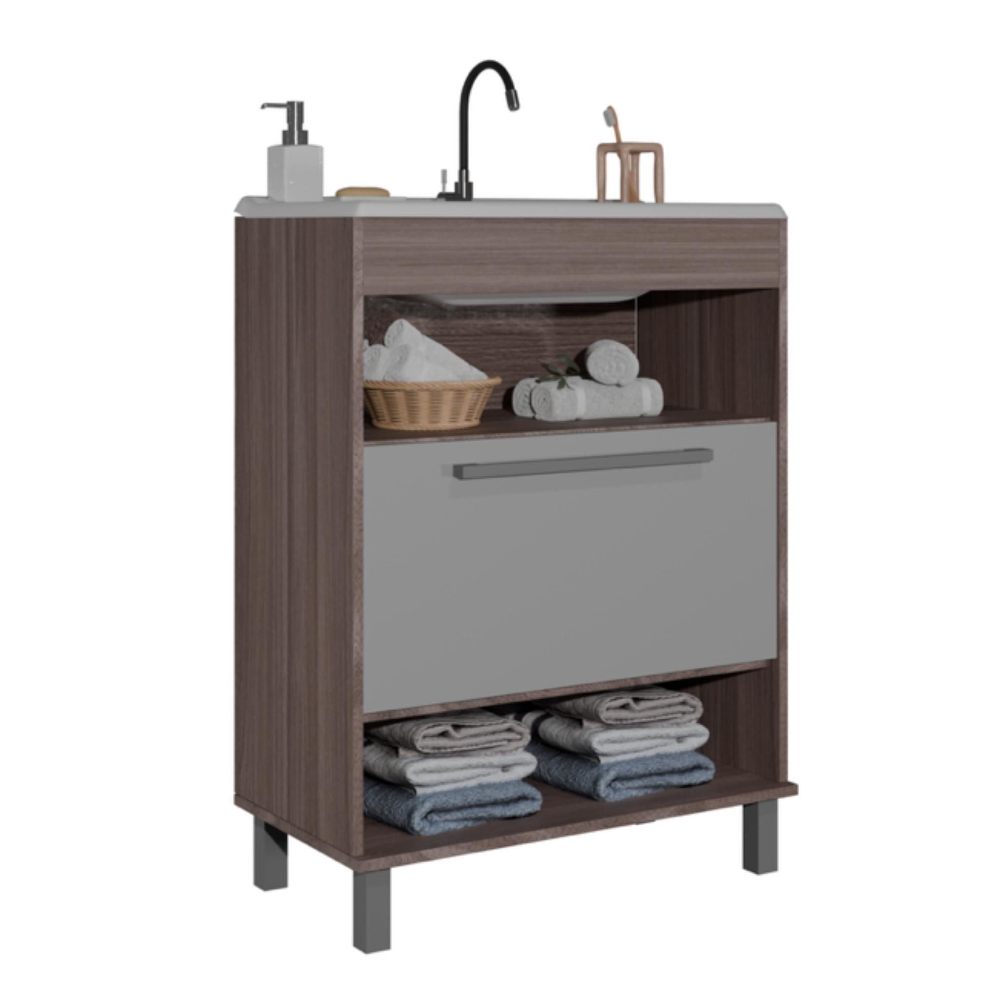 Mobilfrank - Mueble Organizador Baño Con Lavamanos 1 Puerta 2 Nichos 9003Sb Café Smoke - Blanco