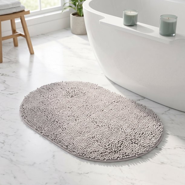 REGALWOVEN Alfombra de Baño Ovalada de Felpa, Suave Antideslizante Lavable Absorbente, Alfombra de Secado Rápido con Respaldo de Goma para Piso de Ducha Gris Claro 16" x 24"