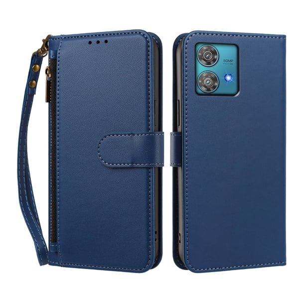 Funda Tipo Billetera para Motorola Moto Edge 40 Neo 5G con Soporte y Bolsillo con Cierre Azul profundo