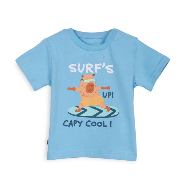 Polera Bebé Niño Manga Corta Estampado Capibara Surf Celeste Pillin
