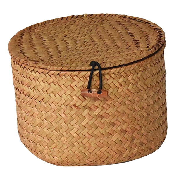Caja organizadora redonda para el hogar, cesta de almacenamiento de ratán con tapa, caja de almacenamiento para sala de estar, estante organizador, co