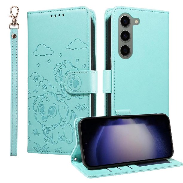 Funda Cartera para Samsung Galaxy S23 Perro Cachorro Grabado con Tarjetas Soporte Correa Verde