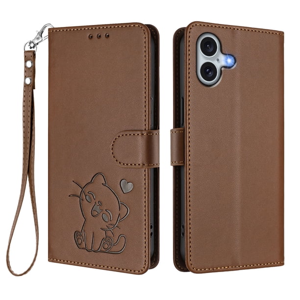 Funda Billetera con Relieve de Gato para iPhone 16 Plus, Marrón