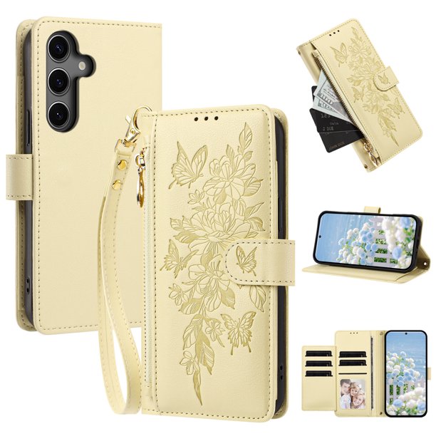Funda Billetera Floral en Relieve samsung galaxy S25 FE con Tarjetero y Cremallera Blanco
