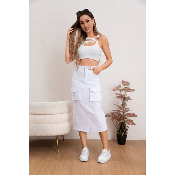 Falda Larga Mujer Cargo Tiro Alto Jeans Full Elasticada 6018