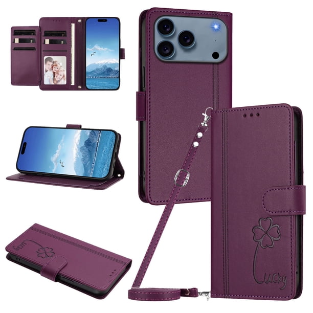 Funda Cartera Trébol para iPhone 17 Pro con Ranuras Tarjetas y Carga Inalámbrica Violeta