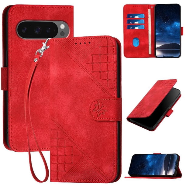 Funda Flip Premium Fibra de Carbono para Google Pixel 10 Pro 5G con Soporte y Cierre Rojo