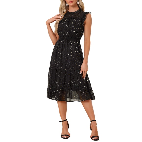 Vestido de Chifón sin Mangas con Cintura Fruncida y Estrellas Metálicas Doradas para Fiesta de INSPIRE CHIC para Mujer Negro L