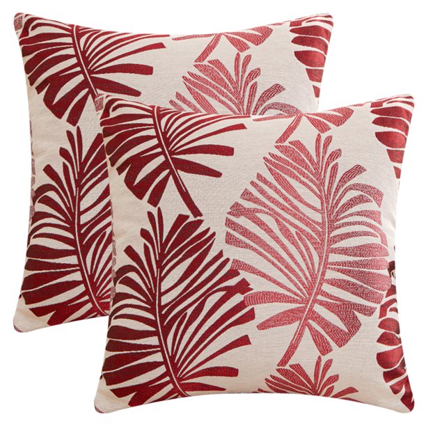 REGALWOVEN Paquete de 2 fundas de cojín decorativas estilo rústico funda de almohada suave con patrón de hoja de palma para el hogar rojo 18" x 18"
