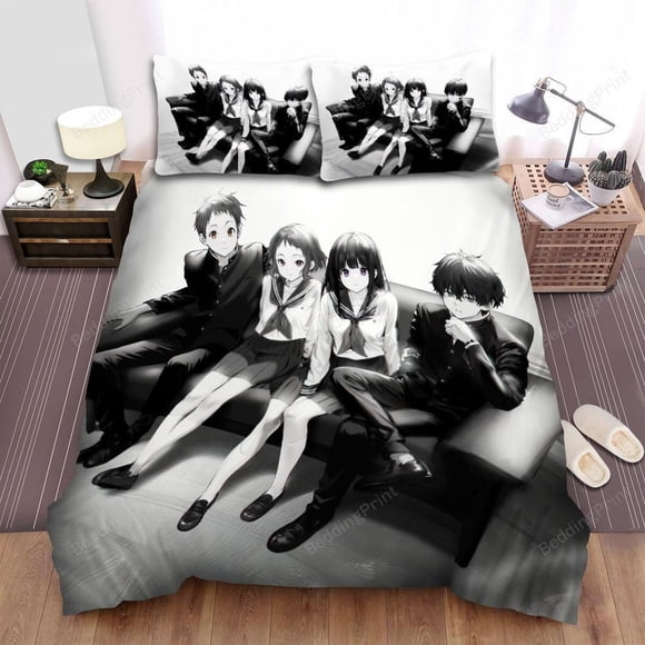 Hyouka Main Characters In Black White Quilt Duvet Cover Set Bedroom Decor3-Piece Bedding Set