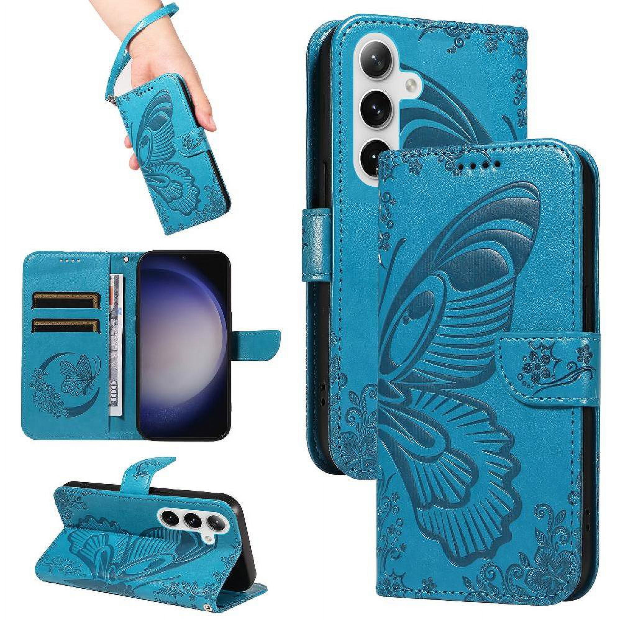 Foxdock - Funda Tipo Cartera Para Samsung Galaxy S25 Con Mariposa En Relieve, Correa Y Soporte Azul