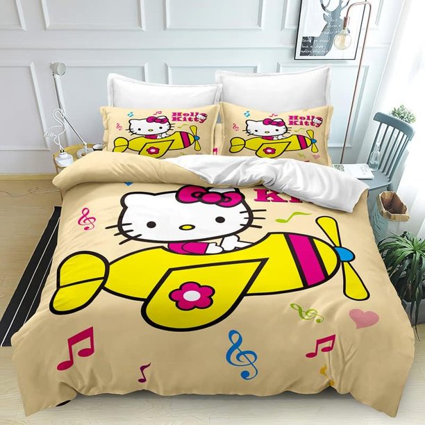 Printed Duvet Quilt Cover Hello Bedding Bed Set Kitty Soft Comforter Microfiber with Zipper Closure Great Match with Any Home Decor