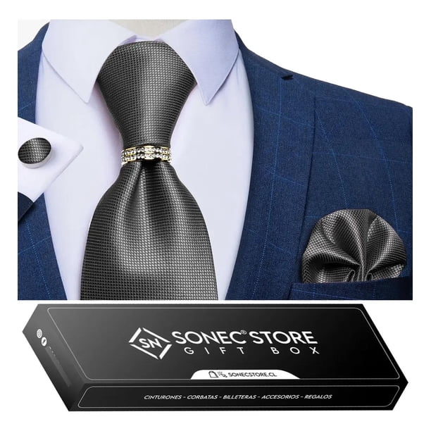 Corbata Hombre Seda En Caja + Anillo Dorado, Paño Y Colleras gris oscuro Talla Única