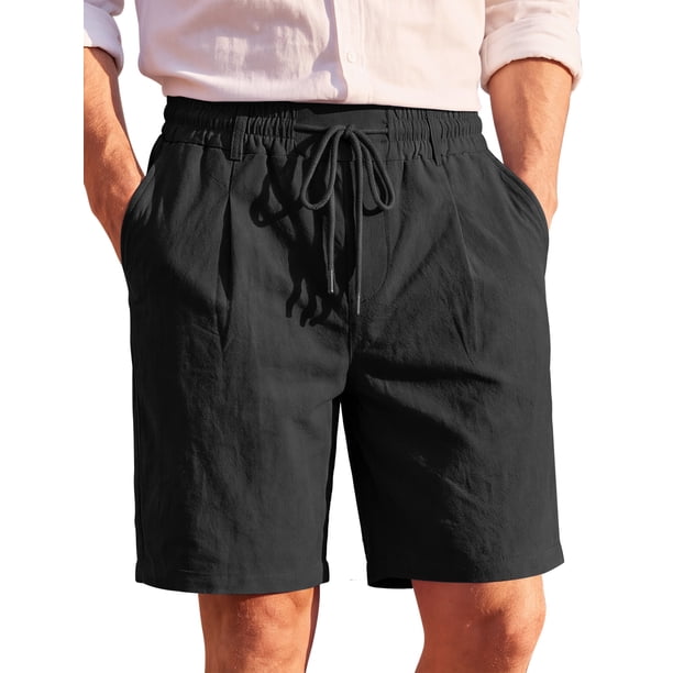 INSPIRE CHIC Pantalones Cortos de Lino con Cintura Elástica y Cordón para Vacaciones en la Playa para Hombre S Negro