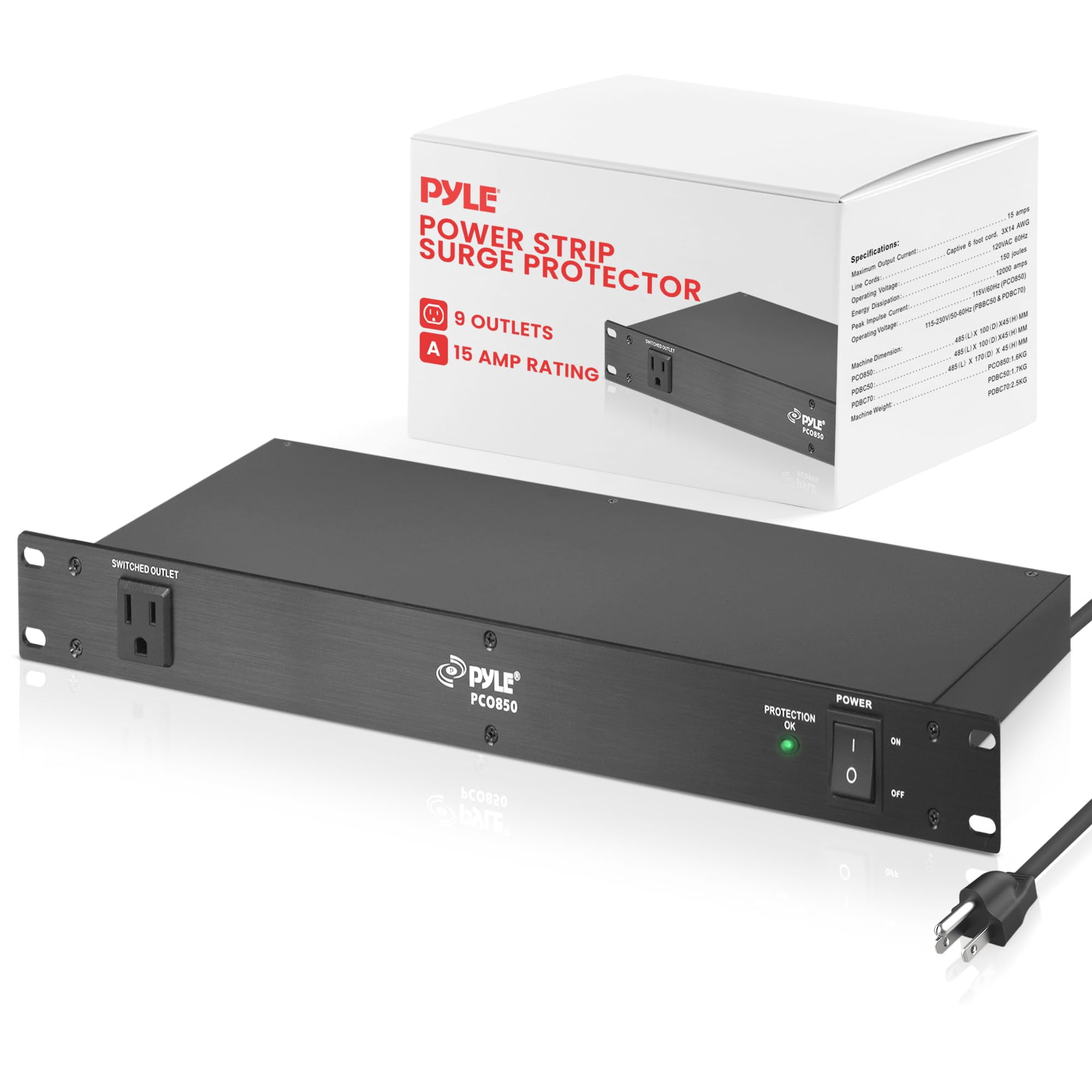 Protector Contra Sobretensiones Power Strip Pyle Pdu Pco850 150j 15a 9 Enchufes