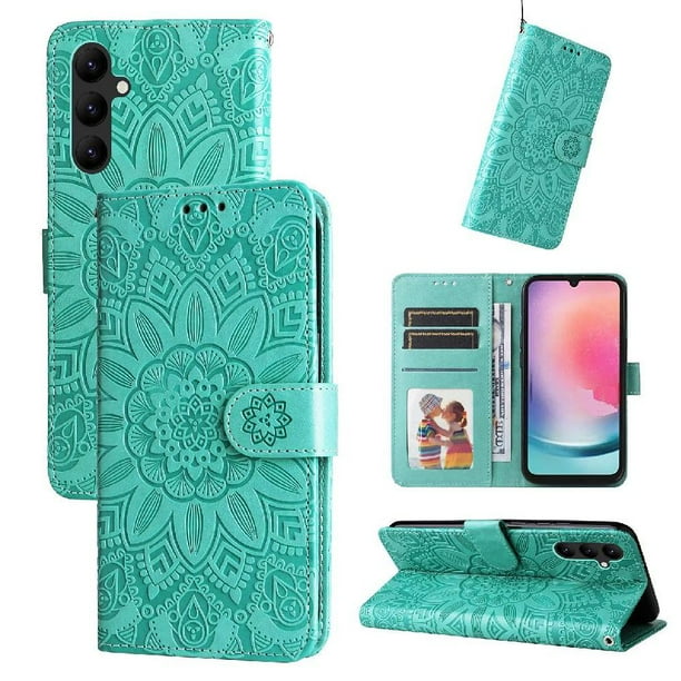 Funda tipo cartera FOXDOCK para Samsung Galaxy A24 4G , diseño girasol en relieve, cuero PU, cierre magnético, soporte y tarjetero